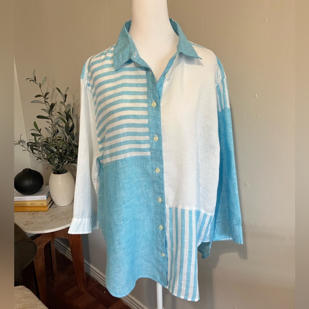 Hinson Wu Luxe Linen Blue Striped blouse Top Size 1X Collared Coastal Grandma